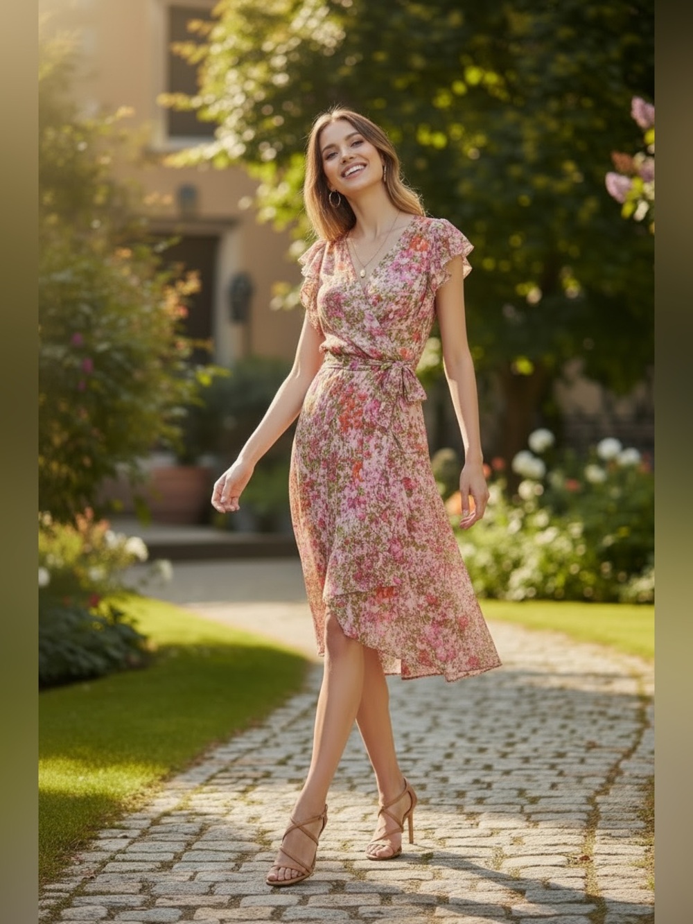 DKNY Floral Faux-Wrap Midi Dress Sz 14
